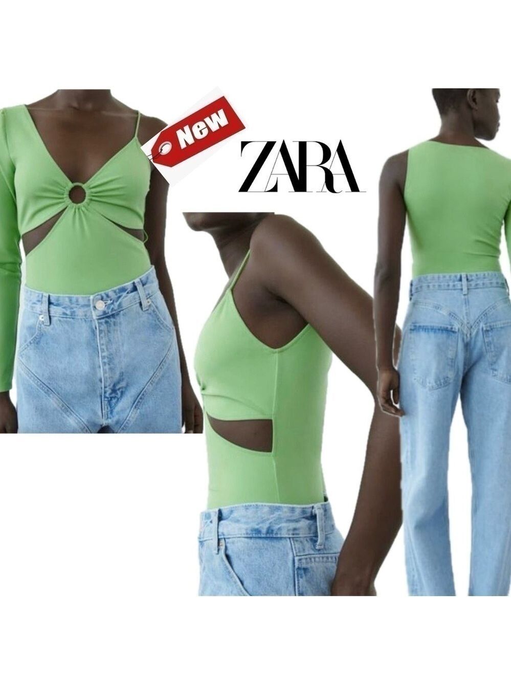 Zara Green asymmetrical long sleeve spaghetti strap cutout O-ring Vneck bodysuit